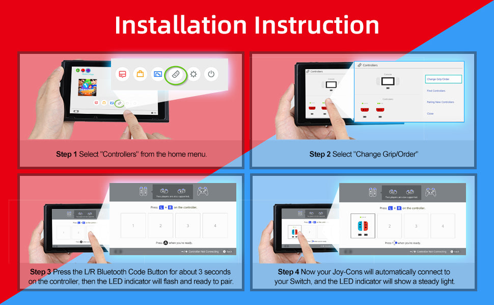 To connect the Joypad, go to 'controllers' > 'Change Grip/order', wait for the flashing lights, and when they stabilize, the connection is successful.