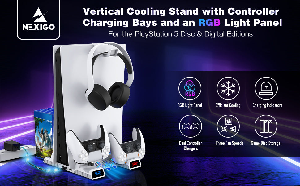 Showcasing the Vertical Cooling Stand with Charging Station and RGB Light Panel in use