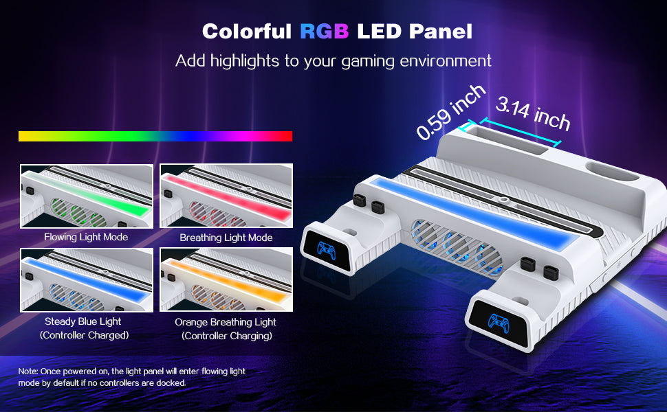 Four RGB light strip modes are showcased. Also, introducing the charging stand's dimensions