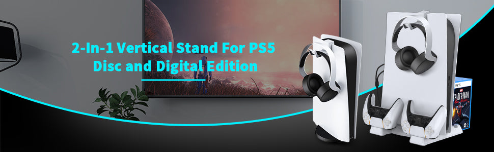 NexiGo PS5 Accessories Vertical Stand with Headset Holder and AC Adapter,  for PS5 Disc & Digital Editions Dual Controllers Charger, 3 Levels