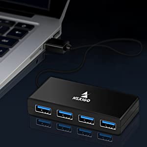 4-port USB 3.0 data hub connects to the laptop's USB port