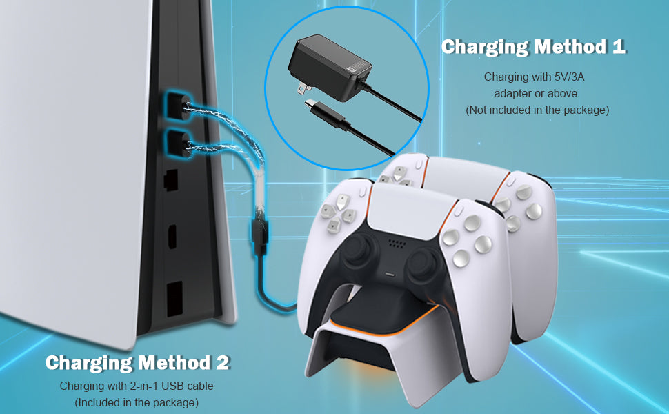 Charging dock can be powered through a 5V/2A adapter and USB A-B power cable