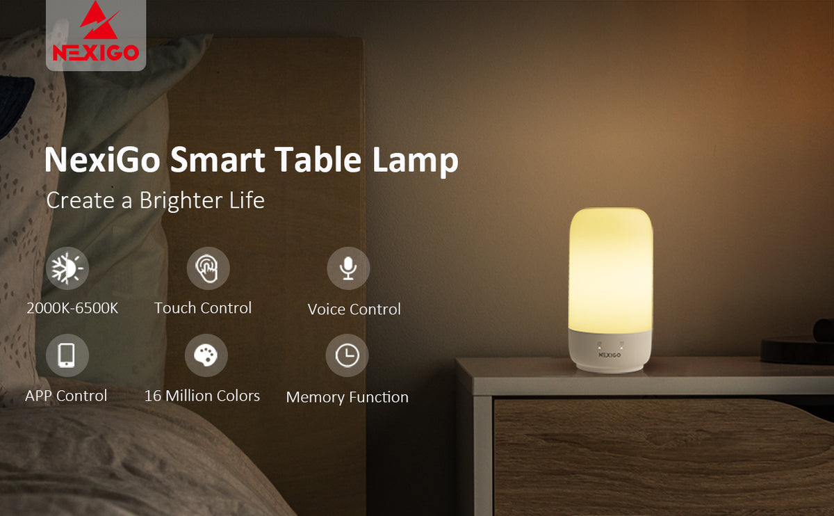 NexiGo LT01S Smart Table Lamp next to the nightstand.