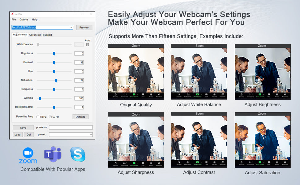 Using the app, you can easily adjust the white balance and contrast of the webcam.