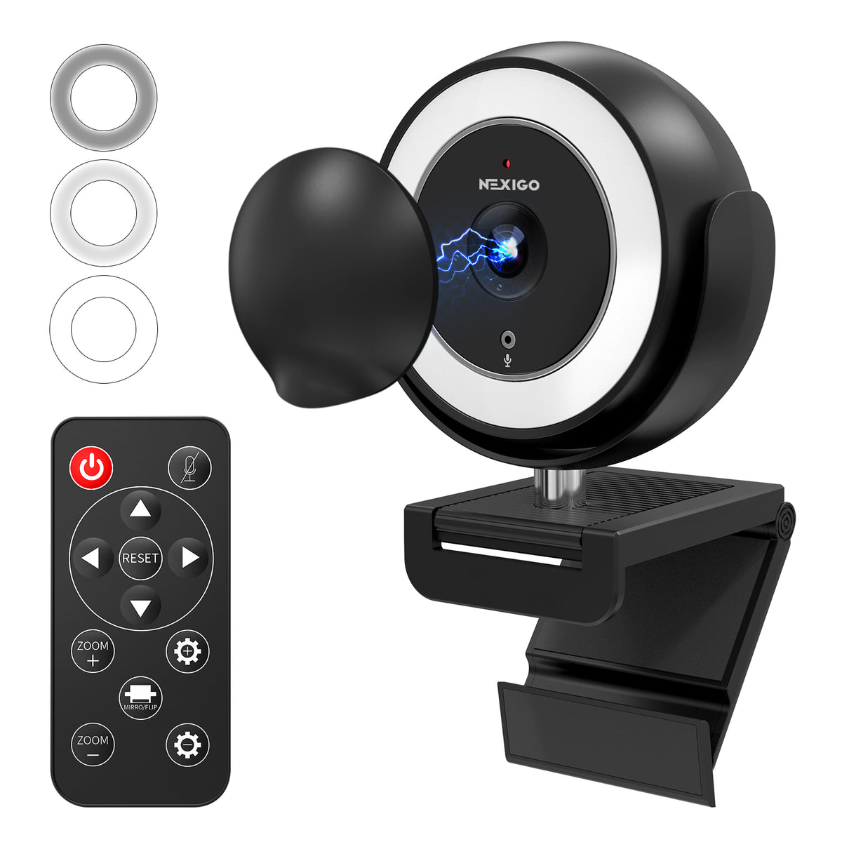 The black-colored ring light webcam comes with a magnetic privacy cover and a remote control