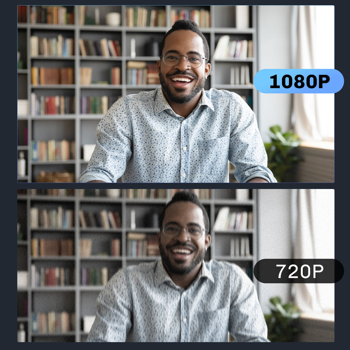 Compared to a 720p webcam, NexiGo 1080p webcam captures a man's face with greater clarity.