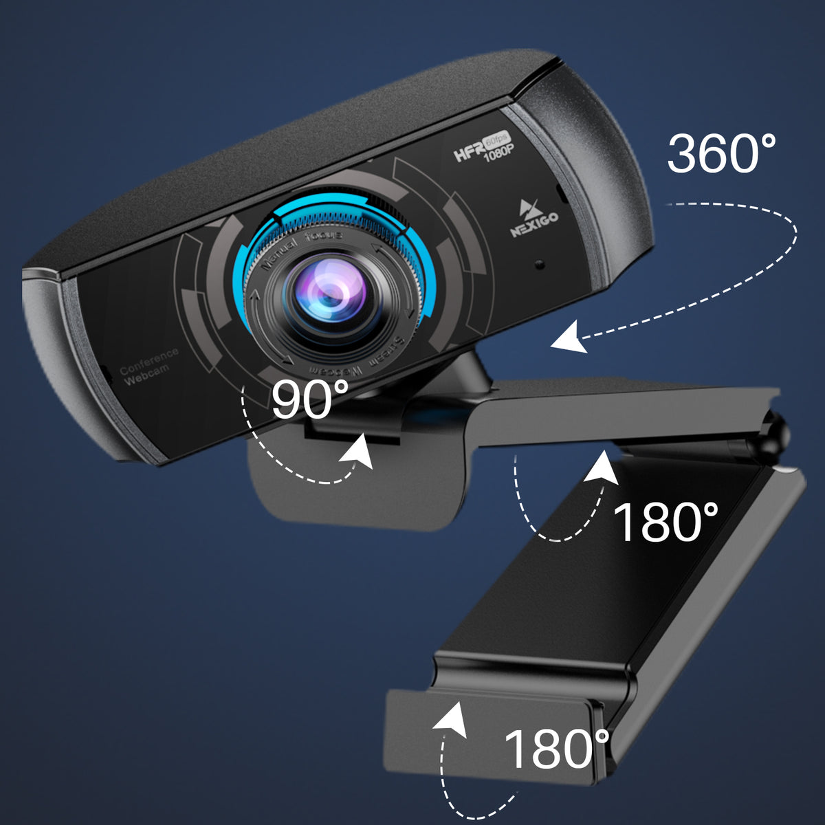 Webcam rotates 360° left/right; camera clip can open up to 180°.