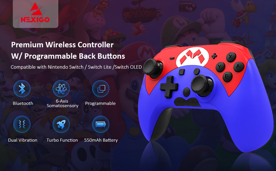 A wireless controller with Mario skin, compatible with Nintendo Switch/Switch Lite/Switch OLED. 
