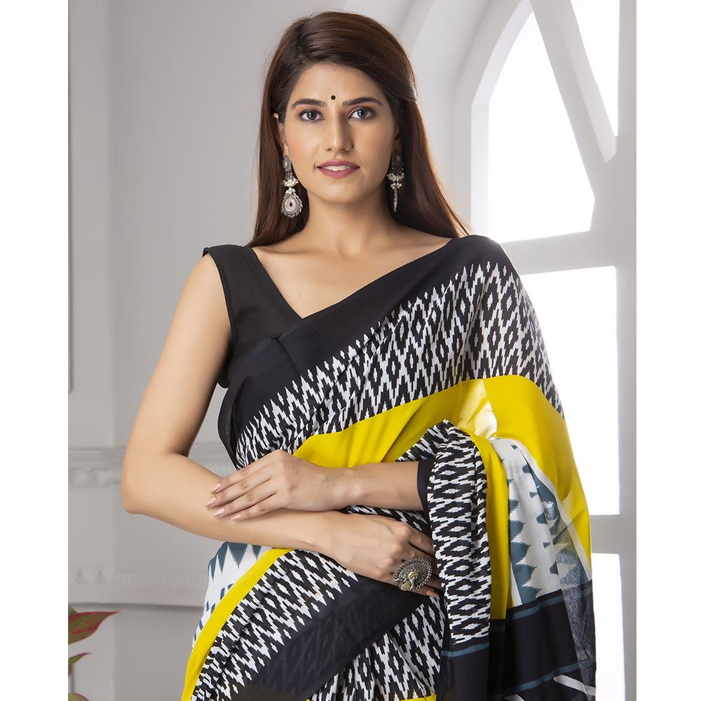 Off White Floral Printed Satin Silk Saree With Ikat Motifs | Singhania's