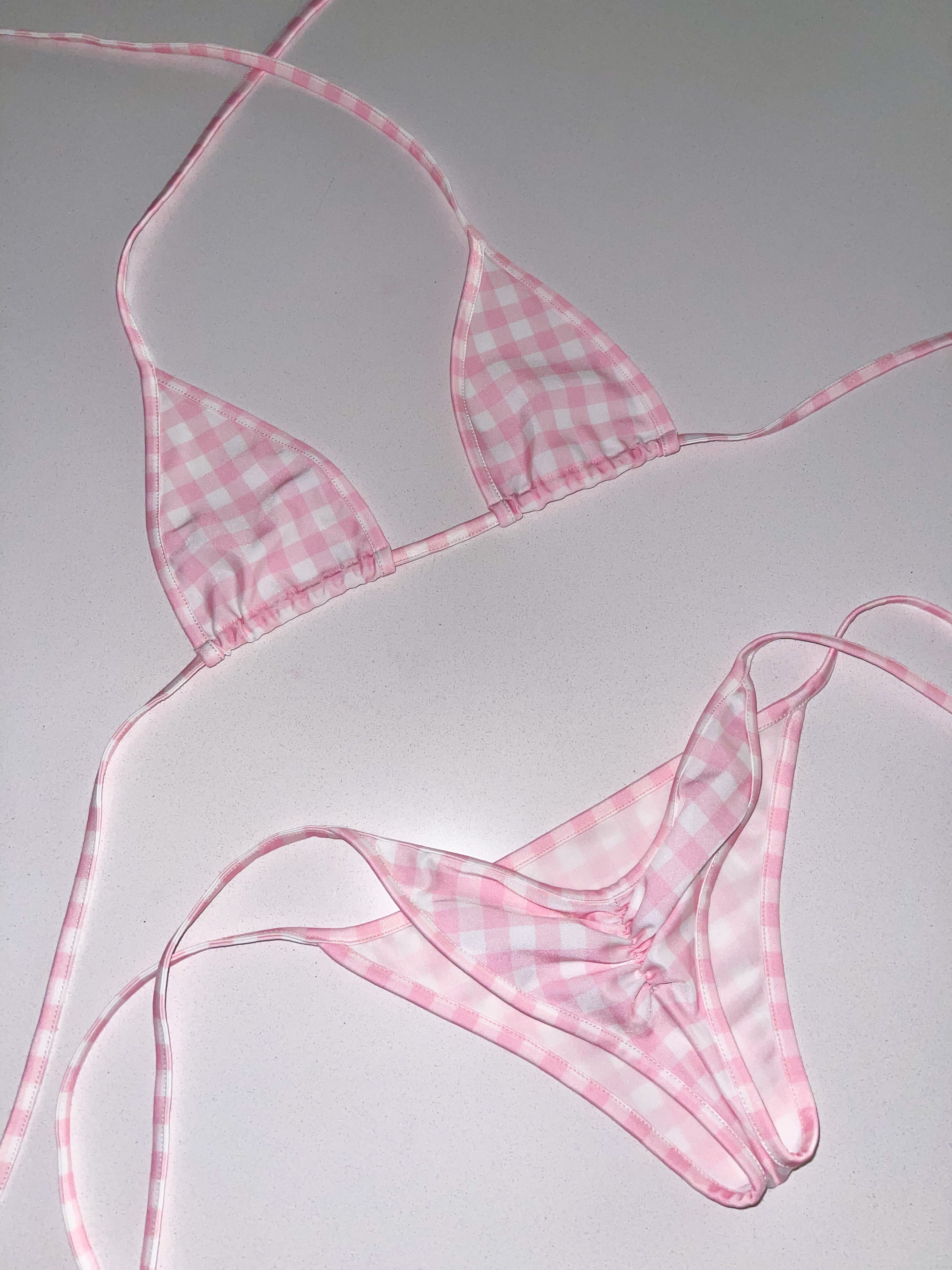 Alex Pink Vintage Gingham Cherry Print Strappy Bikini Set