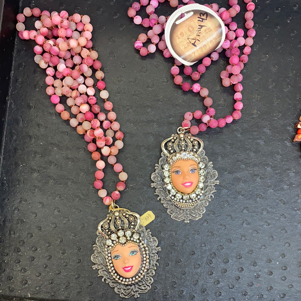 Art By Amy Crystal Pink Beaded Necklace with Barbie Face Pendant