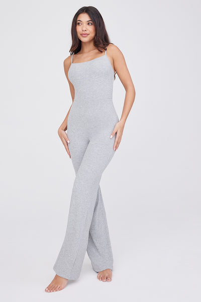 365 SCULPTING LOUNGE SHORT SLEEVE WIDE LEG JUMPSUIT - GREY MARL – TALA