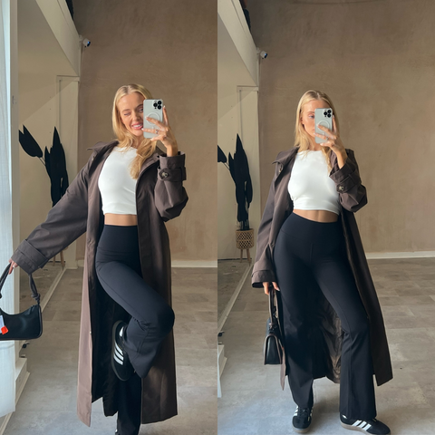 Girl wearing TALA leggings and a long trench coat