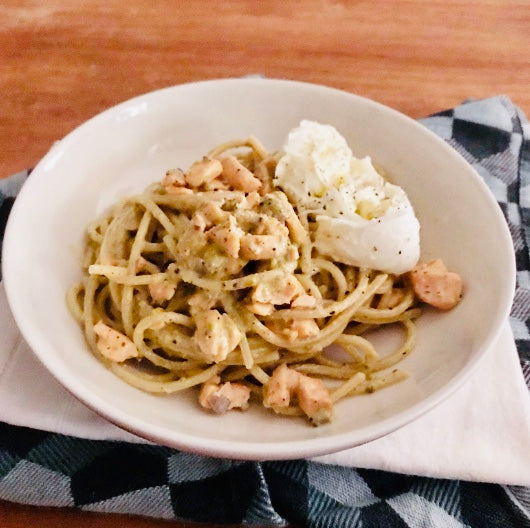 SPAGHETTI ALLA CHITARRA WITH SALMON, PESTO DI PISTACCHIO AND BUFFALO M |  Chiara's Food