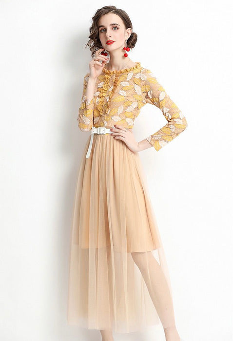 Spring leaves tulle dress with belt