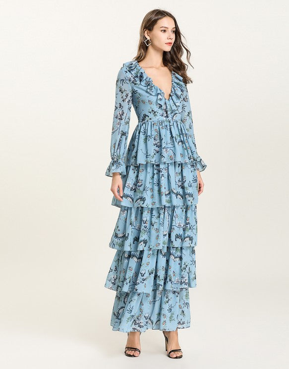 Blue Floral v neck long sleeved Tiered ruffle maxi dress – Comino Couture
