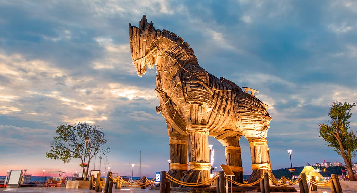 Night view of historic Trojan Horse in Canakkale, Turkey