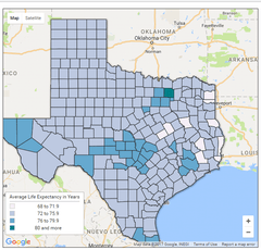 Map of life expectancy in Texas