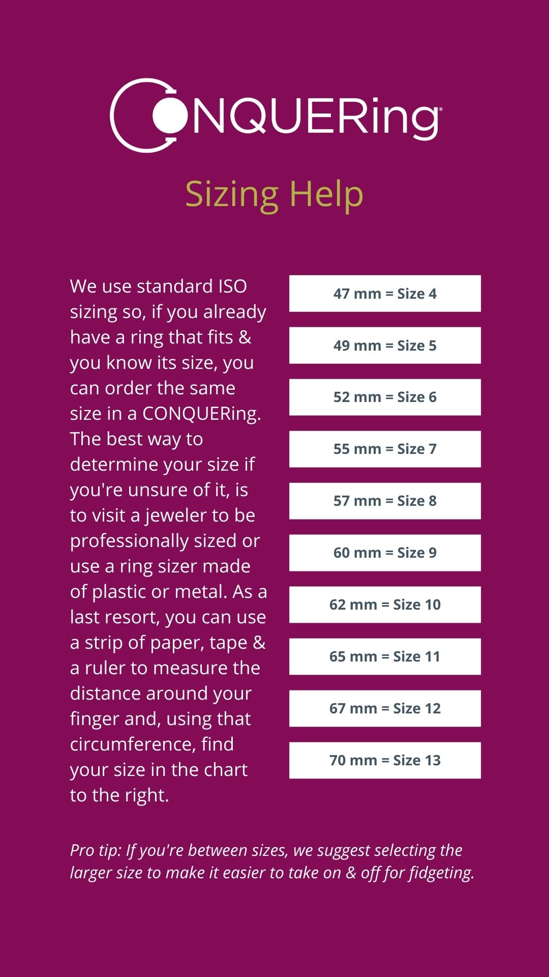 CONQUERing ring sizing chart