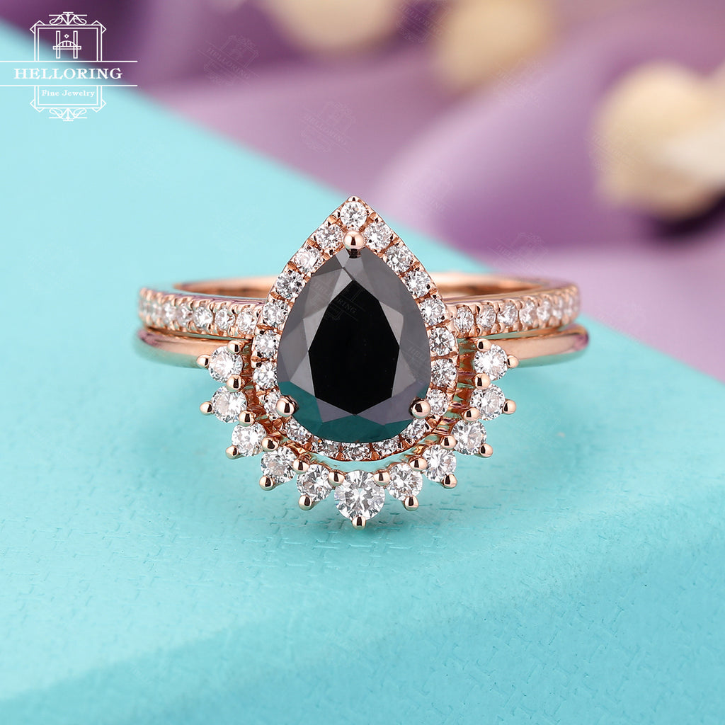 Black Onyx Engagement Ring Set 14k Rose Gold Women Pear Shaped Black S Helloring