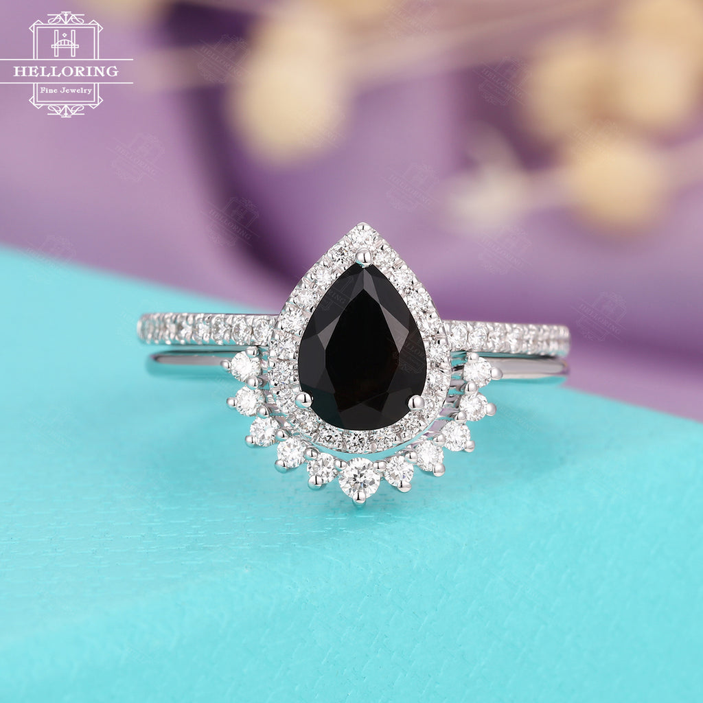 Black Onyx Engagement Ring Set 14k White Gold Women Pear Shaped Vintag Helloring