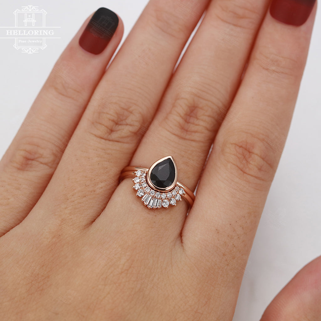 Black Onyx Engagement Ring Rose Gold Pear Shaped Wedding Ring Set Vint Helloring