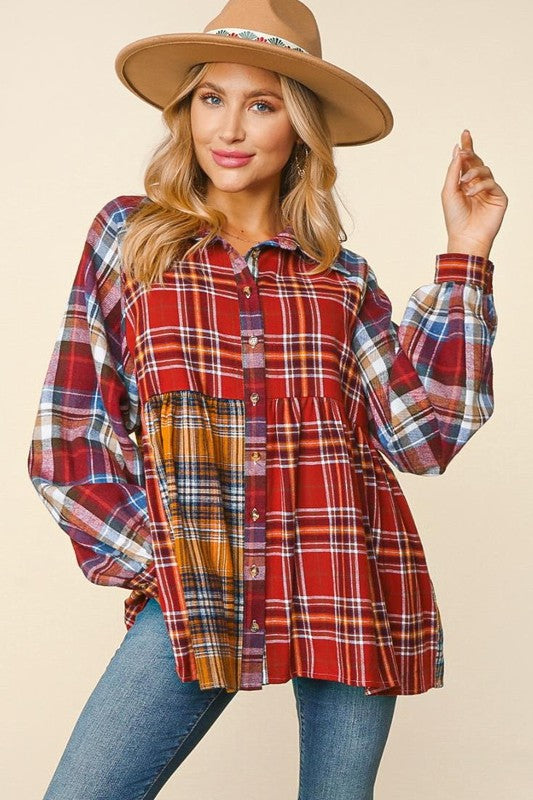 Thermal Knit Plaid Sleeve Top