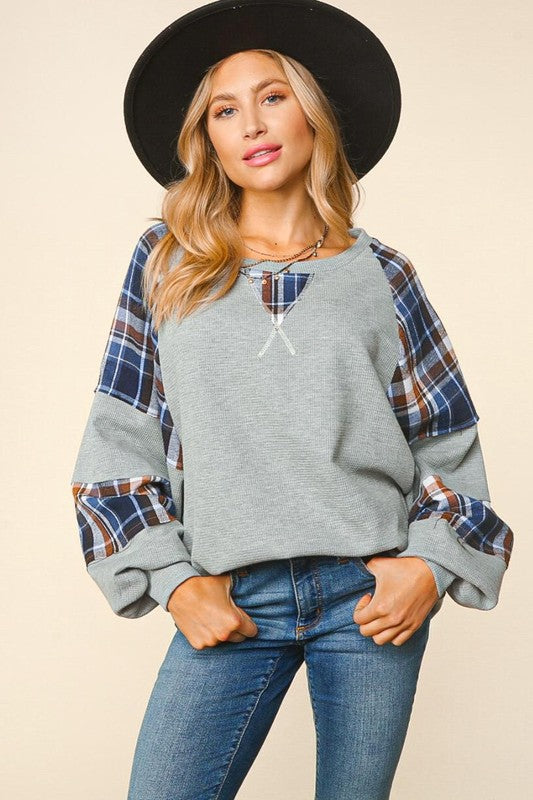 Plus Thermal Knit Plaid Sleeve Top