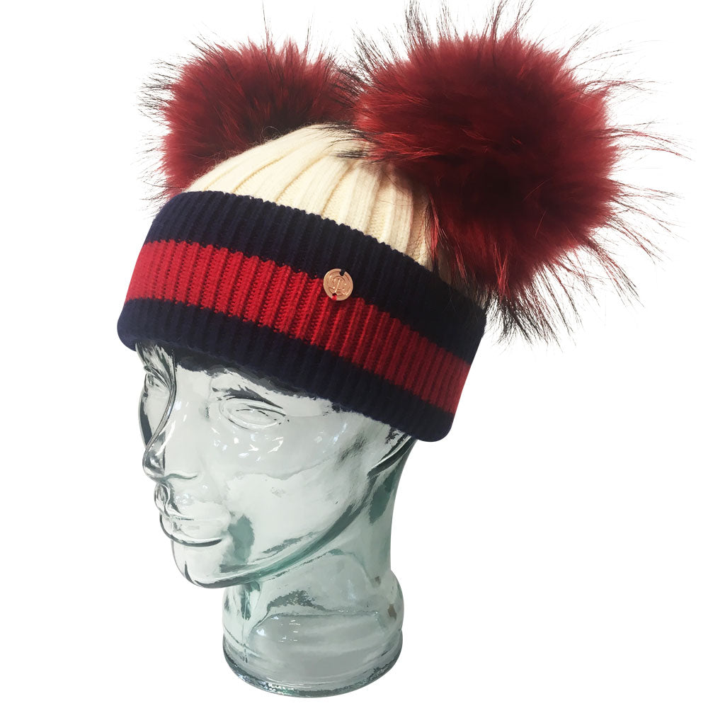 Stripes' Cream & Red Double Pom Pom Beanie Hat – LIKE