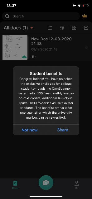 CamScanner allows exclusive privileges to students by providing ad-free, 100 free monthly image-to-text credits, and much more