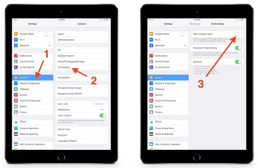 Steps to disable split screen on iPad