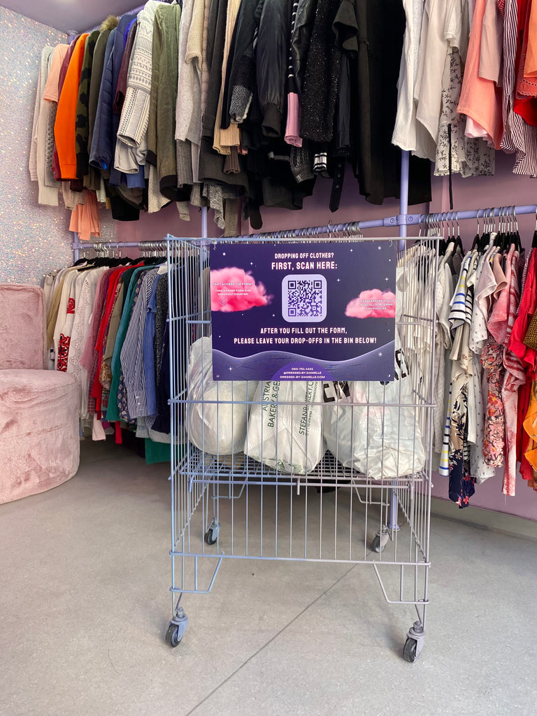 Presenting our donation box for unwanted clothes, conveniently equipped with a QR code to fill out once you drop off your garments, making the donation process hassle-free and accessible.