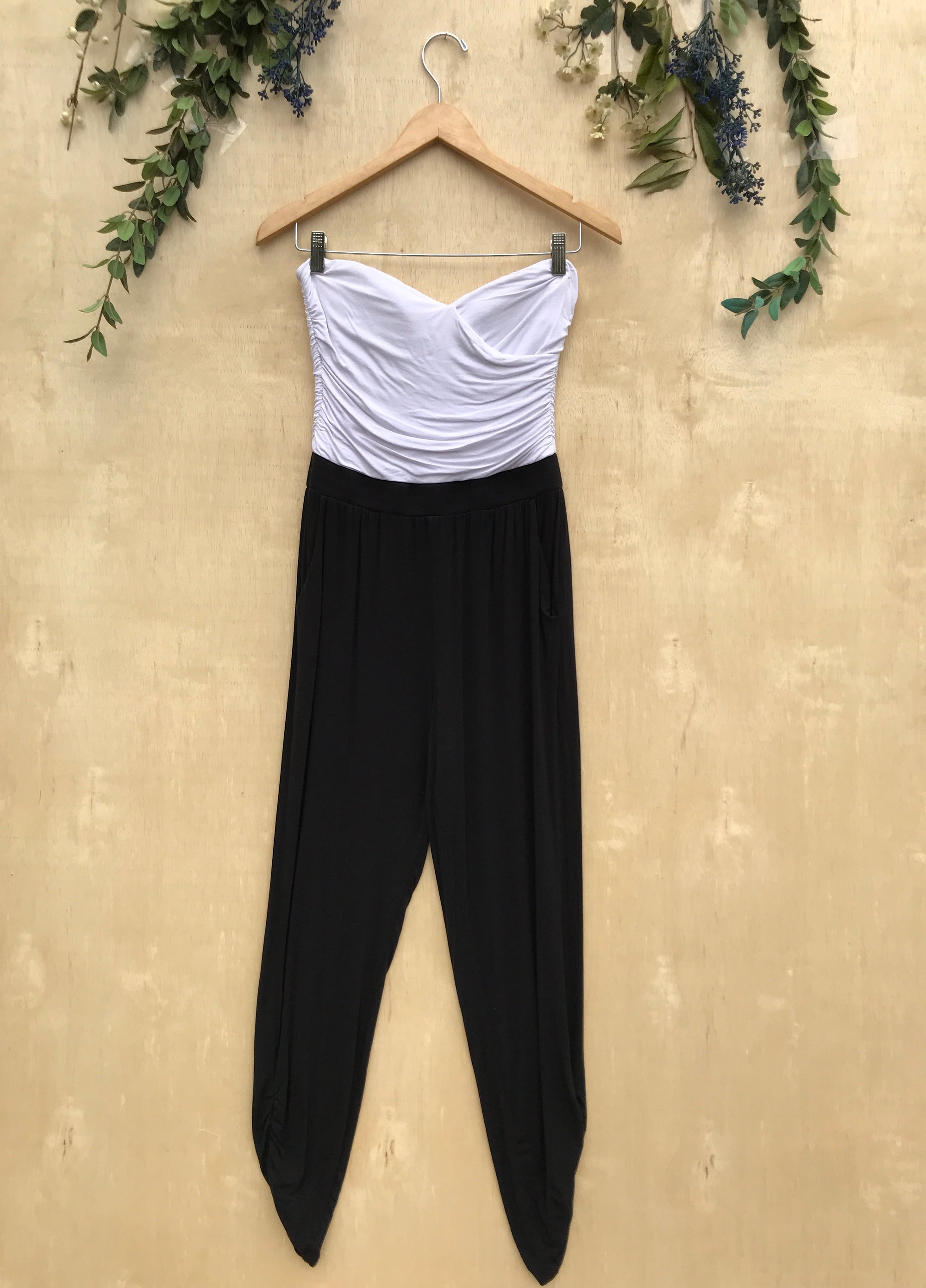 Bebe Black And White Strapless Jumpsuit Dressed By Danielle