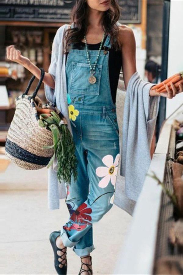 floral denim jumpsuit