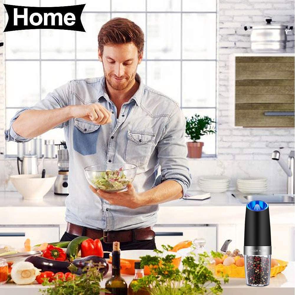  Fshopping electric salt and pepper grinder Gravity induction  starting with adjustable coarseness battery power supply blue led light  one-hand operation: Home & Kitchen