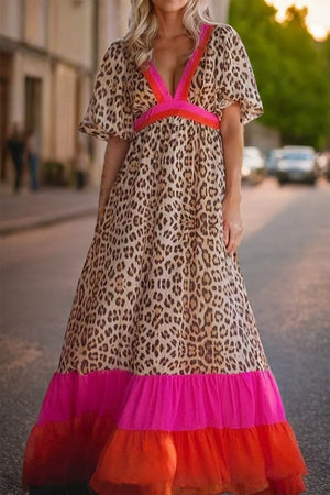 Full Size Leopard V-Neck Half Sleeve Maxi Dress 😍 Ship from USA👍 - Beststuffngear
