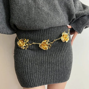 Gold Color Rose Waist chain women's advanced sense of metal chain thin belt accessories - Beststuffngear
