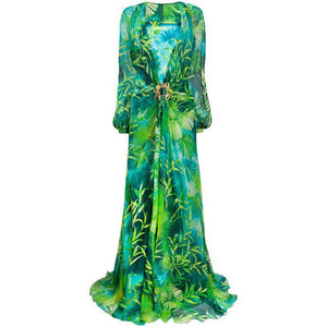 Elegant Deep V Neck Imitation Silk Jewelry Button Maxi Dress