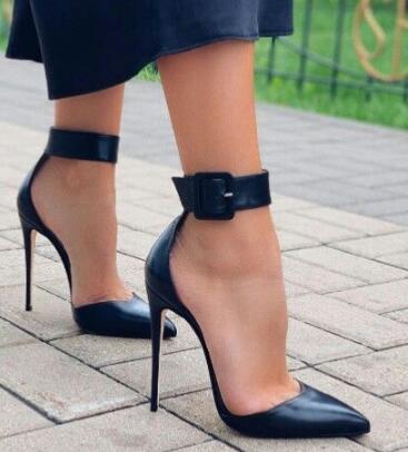 Black Leather Ankle Strap Shoe 