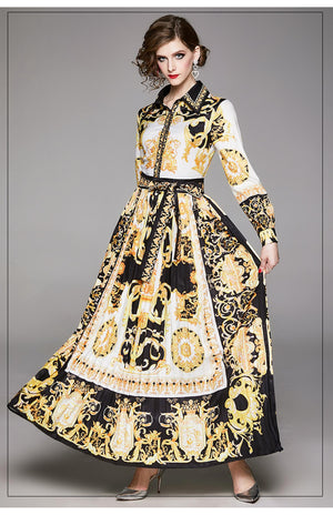 Vintage Baroque Floral Print Puff Sleeve Sashes Pleated Dress