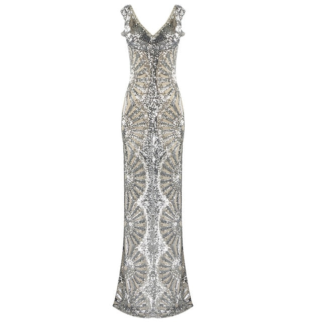 2020 Chic Silver Sequin Ruffle Maxi Dress