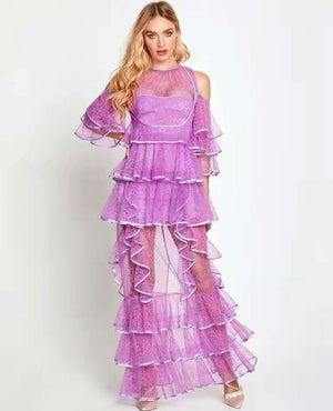 Runway High Quality Tulle Lace Ruffle Off Shoulder Fishtail Long Dress