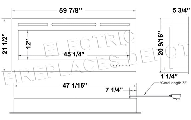 Modern Flames Challenger 60 inch Wall Mount Recessed Linear Electric Fireplace | Affordable Fireplace Insert | CEF-60B Dims