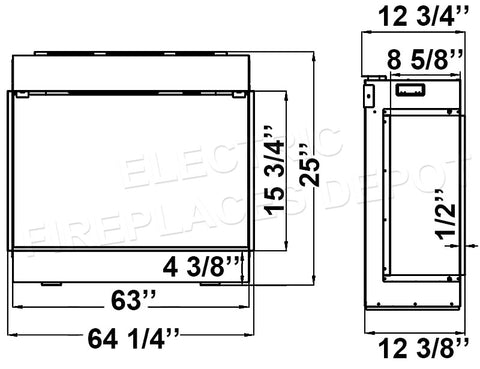 Dynasty Melody 64 Inch 3 Sided 2 Sided Built In Electric Fireplace - DY-BTS60 - Dimensions