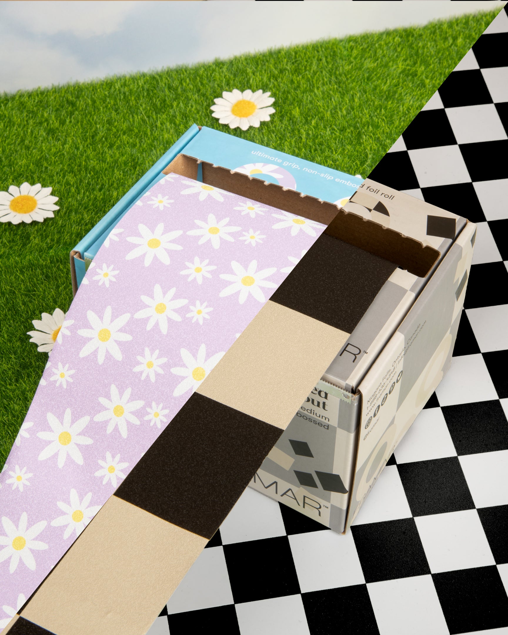 A skateboard on a surreal checkerboard and grass background.