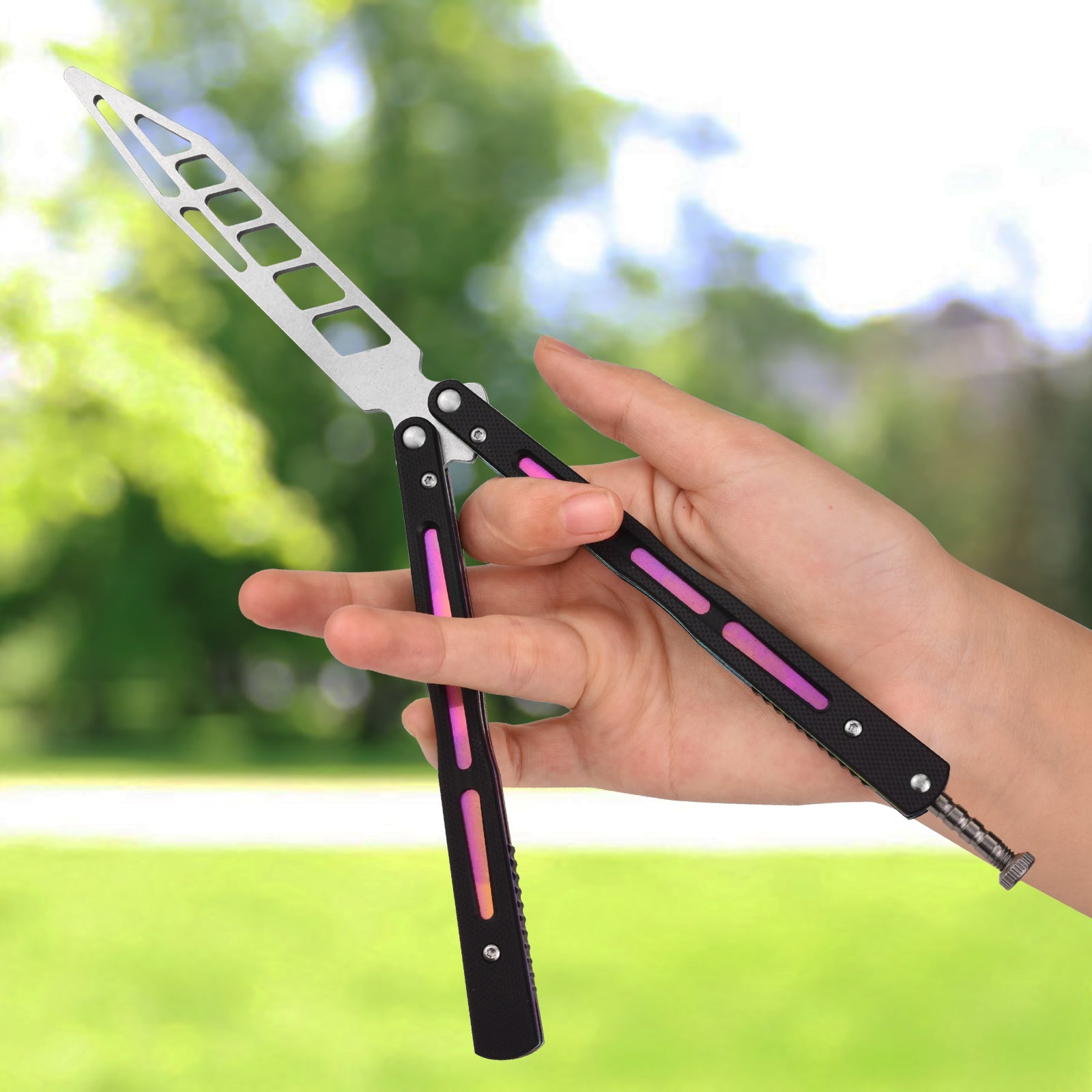 NedFoss Butterfly Knife Trainer with G10 Handle, Practice Balisong Runs on Bearings, Pink