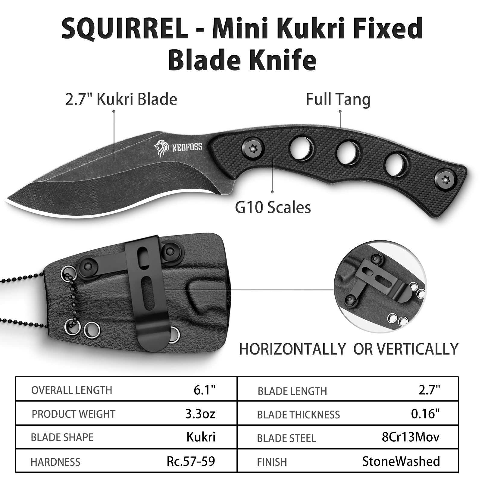 Nedfoss Squirrel II Small EDC Fixed Blade Knife,2.7"Full Tang blade with G10 Handle,Neck Knife