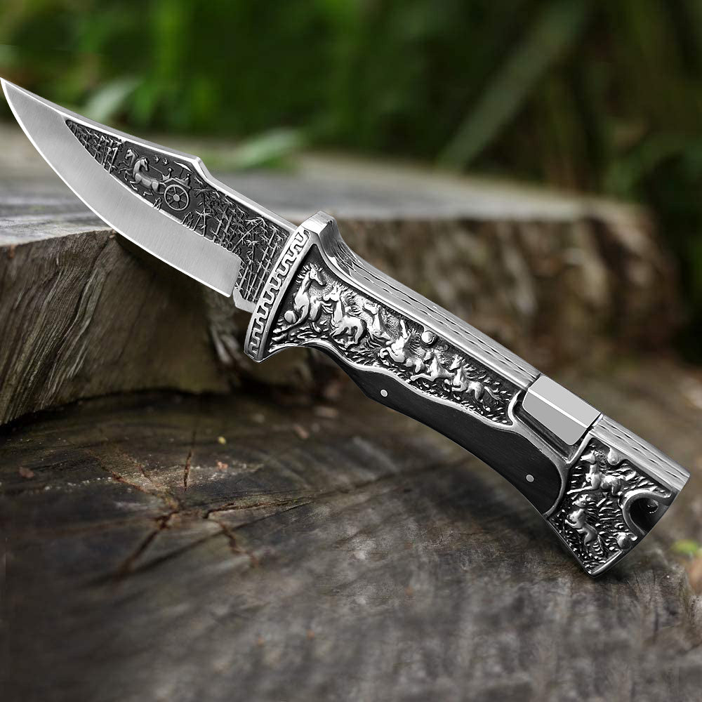 NedFoss Horse Pocket Folding Knife, 440C Blade and Engraved Handle