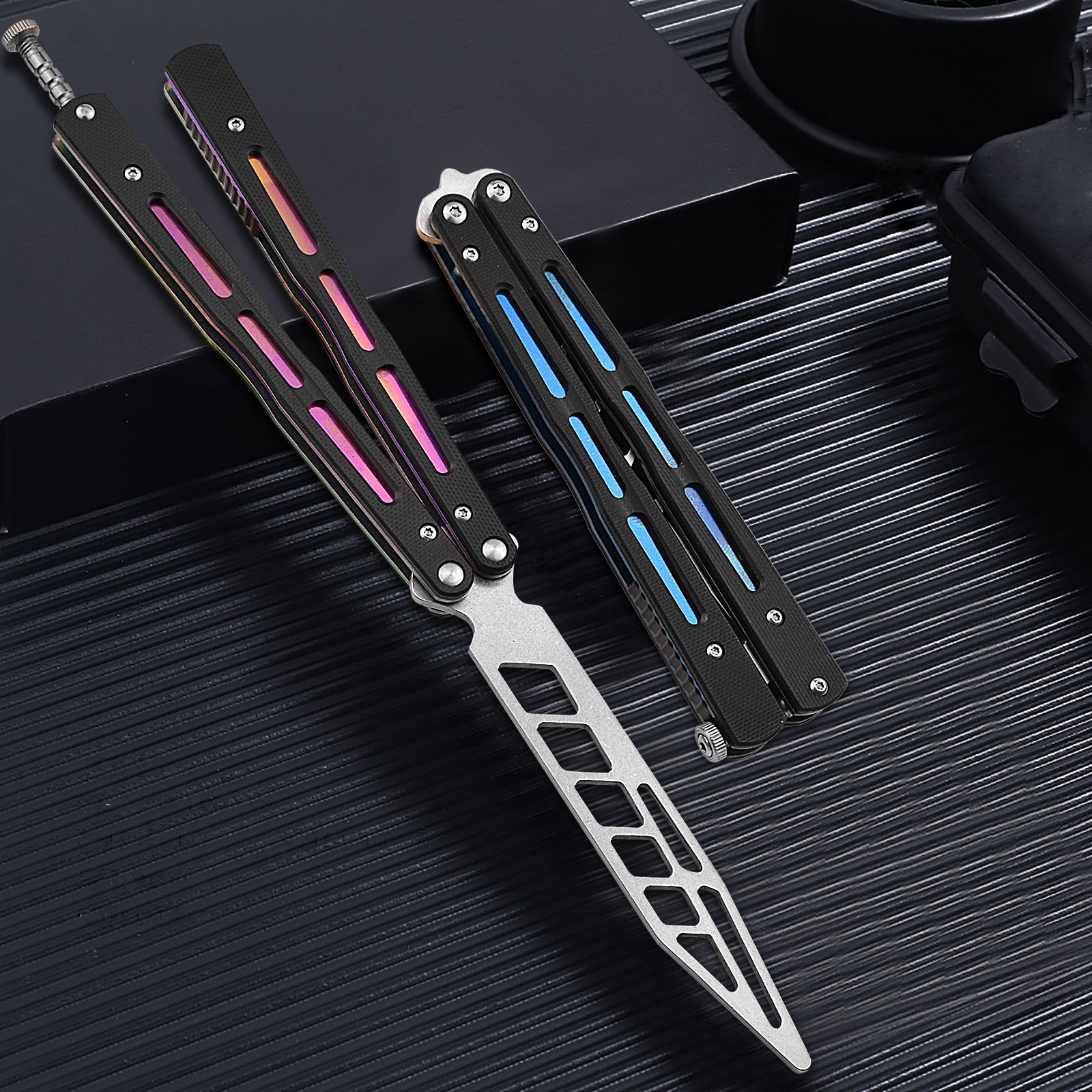 NedFoss Butterfly Knife Trainer with G10 Handle, Practice Balisong Runs on Bearings, Blue