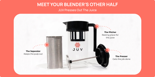 JUV Press filter, press and bottle are displyed individually on a white background.
